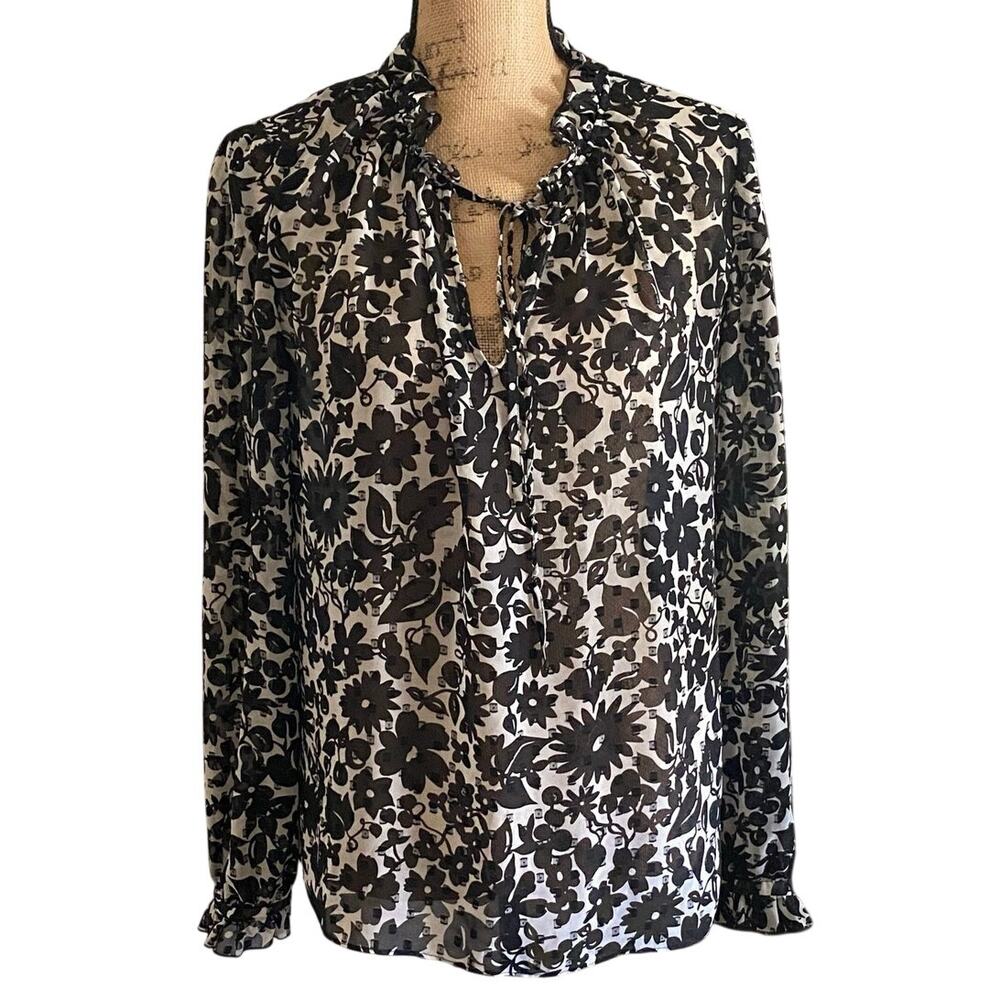 Boden Peasant Blouse Size 12 Floral Black Cream Keyhole Neck Sheer Poet Sleeve